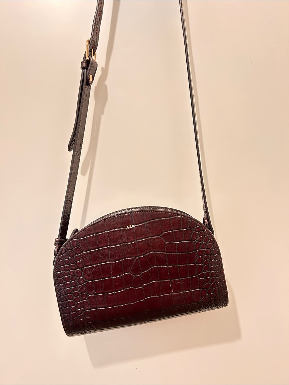 A.P.C. Leather Croc-Embossed Crossbody Bag in Deep Burgundy